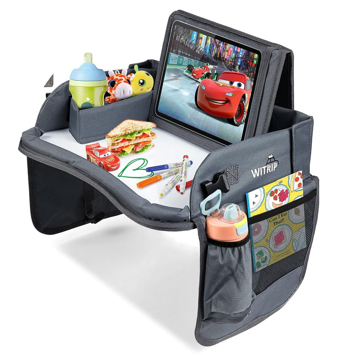 Kids Travel Tray with Dry Erase Board, Travel Tray for Kids Car Seat, Carseat Table Trays for Toddler, Kid Activity Desk for Air Travel, No-Drop Tablet Holder & Borders (All Grey)