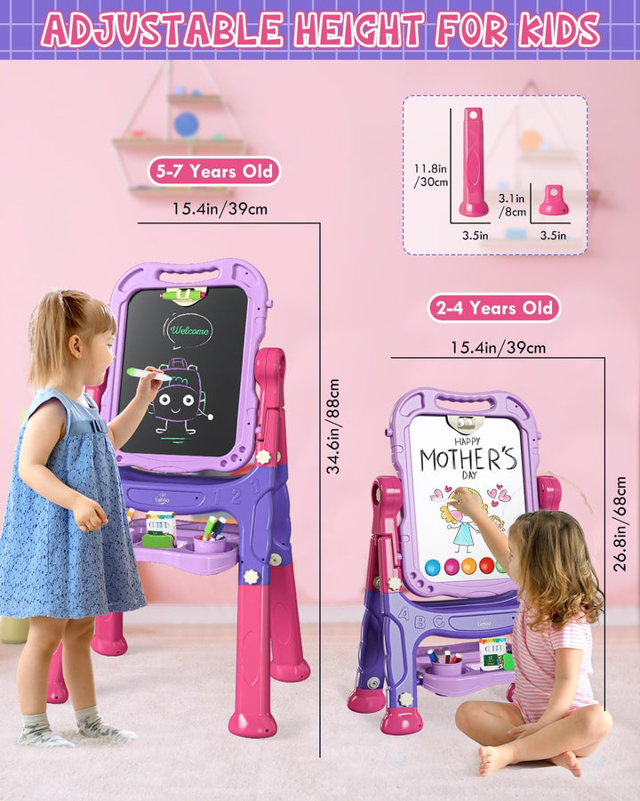 Easel for Kids, Double Sided Kids Art Easel with Magnetic White Board Chalk Board, Adjustable Standing Toddler Easel with Drawing Accessories, Gift for Girls 3 4 Years Old