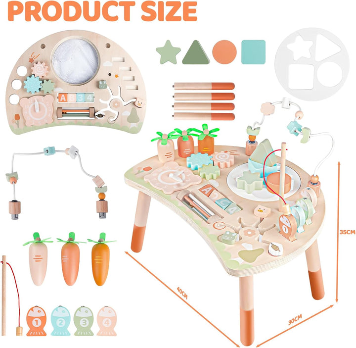 Activity Table for 1+ Year Old, 9-In-1 Montessori Wooden Sensory Play Table with Shape Sorter Fishing Game Bead Maze, Baby Activity Center Learning Toys for Toddler 12-18 Months