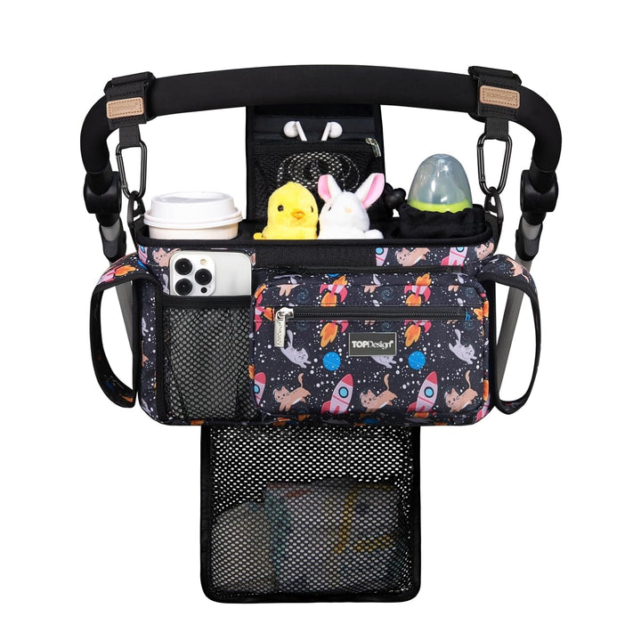 Universal Baby Stroller Organizer, Stroller Caddy with Detachable Mesh Bag & Heightened Insulated Cup Holders & Non-Slip Secure Hooks Accessories, Fits Most Strollers (Checkerboard)