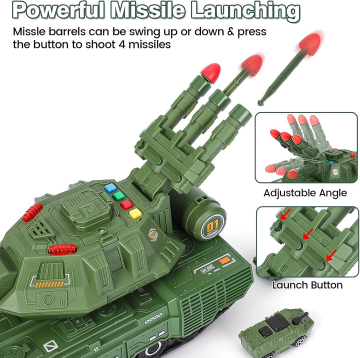 Tank Toys for 3 4 5 6 7 8 Year Old Boys - Army Toys Tank with 6PCS Alloy Die-Cast Army Vehicles, Kids Military Tank with Light, Sound & Missiles Shooting, Christmas Birthday Gift for Kids