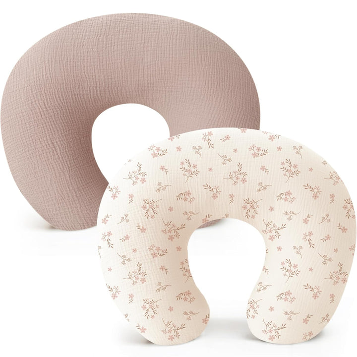 2-Pack Muslin Nursing Pillow Covers, Soft & Adorable Nursing Covers for Breastfeeding Pillows, Slipcovers for Newborn Boys & Girls(Pink, Floral)