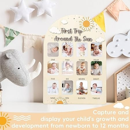 One Year Birthday Wooden Photo Board,My First Year Milestones Photo Board,12 Monthly Picture Frame Baby First Year Wood Acrylic Sign 1St Birthday Decorations Baby Keepsake Gifts