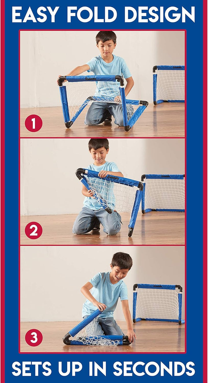 Indoor Mini Goal Sports Set - 3 in 1 Kids Indoor Goal Set - Indoor Mini Floor Hockey, Knee Hockey, and Mini Soccer Set for Kids, Blue, 22 X 17.5-Inch