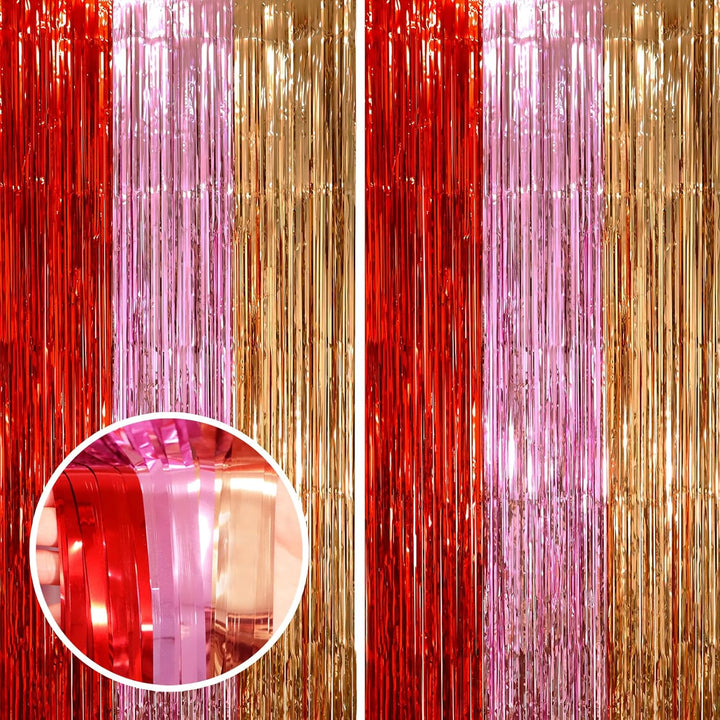 2 Pack Laser Pink Tinsel Foil Fringe Curtains, Mothers Day Pink Decorations, Metallic Tinsel Party Streamers Backdrop for Birthday Bachelorette Graduation Wedding Party Decorations