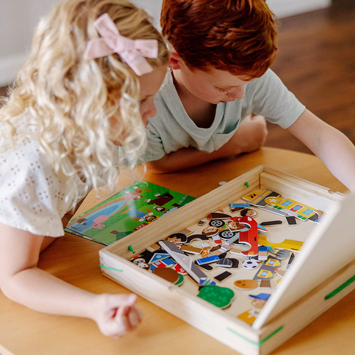 Wooden Magnetic Matching Picture Game with 119 Magnets and Scene Cards Magnetic Book Scenes for Kids Ages 3+