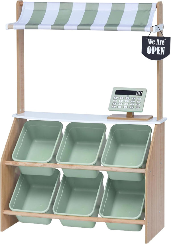 Little Helper Wooden Farmer'S Market Stand with Pretend Cash Register and 6 Plastic Storage Bins, Green, TD-13638A-AMZ