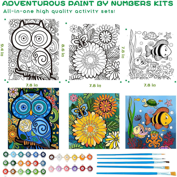 3 Pack Paint by Numbers for Kids Ages 8-12, Pre-Printed Acrylic Oil Painting, Includes (8X10, 8X9, 8X8 Inch) Framed Canvas with 30 Acrylic Paint Pots, 5 Brushes for Kids, Art Supplies for Kids 9-12