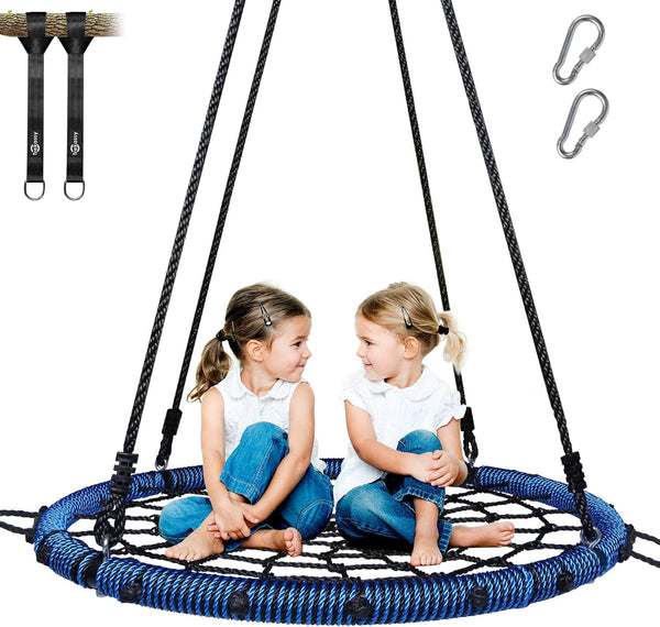 750Lbs 40" Spider Web Saucer Tree Swing for Kids Adults, Outdoor Net Swing with Steel Frame and 2 Hanging Straps-Blue