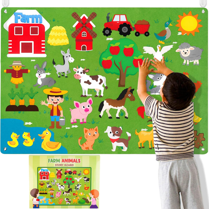 Farm Animals Felt Story Board Set 3.5Ft 38Pcs Preschool Farmhouse Themed Storytelling Flannel Barnyard Domestic Livestock Early Learning Interactive Play Kit Wall Hanging Gift for Kids