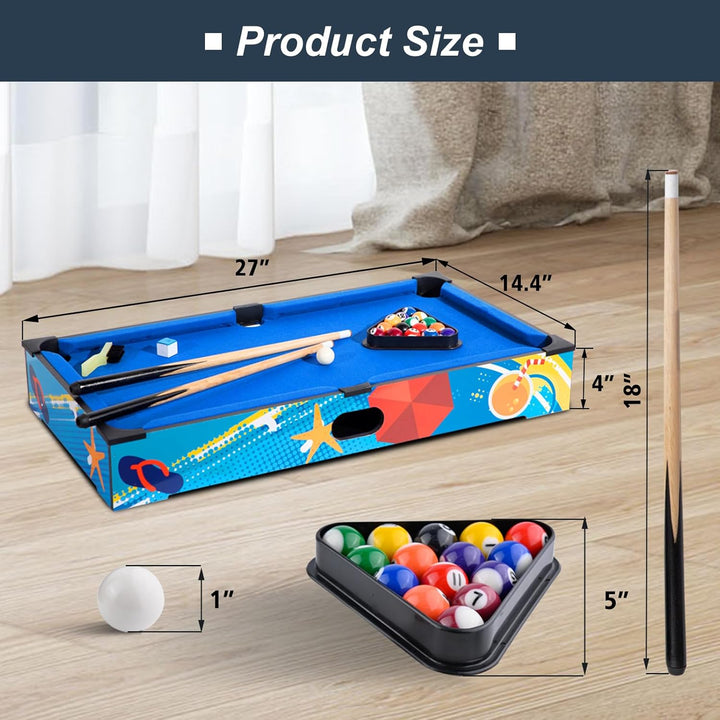 27" Mini Pool Table Set, Small Tabletop Pool Table, Portable Billiards Game Includes Small Billiards Balls, Pool Cues, Triangle Rack, Chalk, Brush for Family
