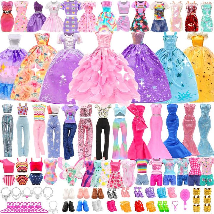 57 PCS Doll Clothes and Accessories 3 Wedding Gowns 3 Tops 3 Pants 3 Fashion Dresses 1 Evening Dresses 2 Swimsuits Bikini 6 Braces Skirt 10 Hangers 15 Shoes and 14 Accessories Toys for 11.5 Inch Doll