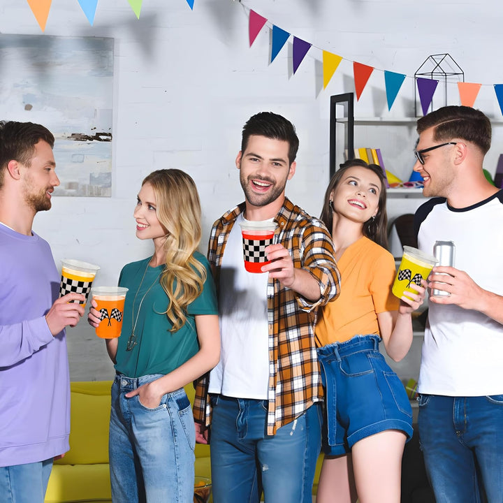 50 Pcs Checkered Racing Party Plastic Cups 16 Oz White Black Checkered Flag Clear Cup Disposable Race Car Drinking Cups for Race Car Sports Themed Birthday Party Favors Supplies