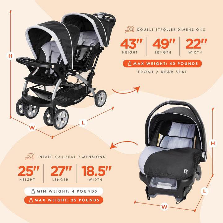 Infant and Toddler Double Stroller & Car Seat Combo, 2 Pc Set, Stormy - Portable and Lightweight Stroller Duo and Car Seat Travel System Tandem