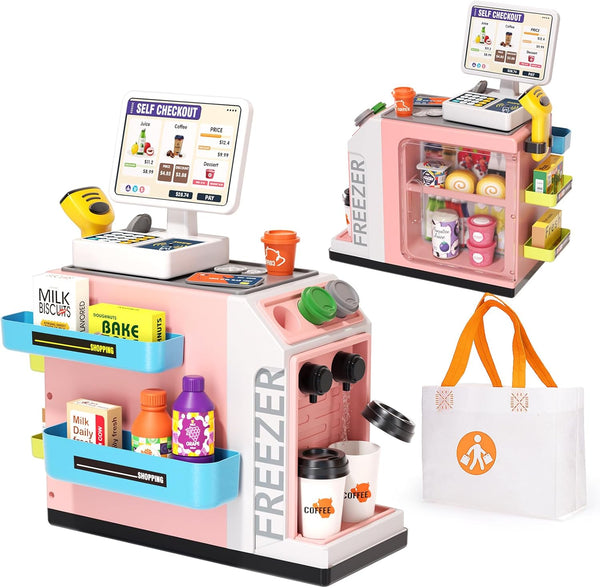 48-Piece Pretend Play Cash Register Toy Set for Kids with Water Outlet Function - Calculator, Shopping Bag, Scanners, Coffee Machine, Play Food - Gift for Boys and Girls Ages 3+（Pink）