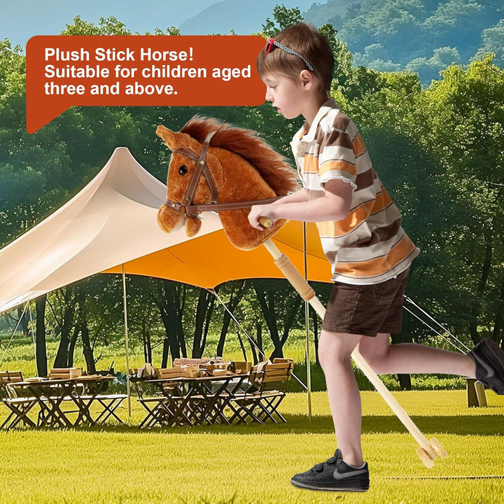 Stick Hobby Horse Riding Toy, Plush Stick Horse for Toddlers Ages 3+, Horses Ride on Toy Fun Pretend Play with Wooden Wheels and Real Pony Clip-Clop Sounds 39 Inches-Light Brown