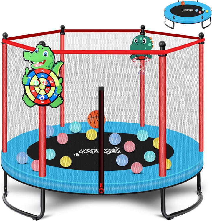 Pink Indoor Trampoline for Kids 2-5, 5Ft Mini Indoor & Outdoor Small Toddler Trampoline with Net and Basketball Hoop