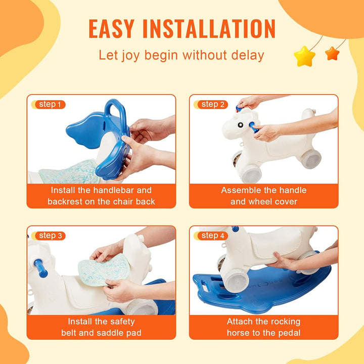 4 in 1 Rocking Horse for Toddlers 1-3 Years, Baby Rocking Horse with Detachable Balance Board, Push Handle and 4 Smooth Wheels, Support up to HDPE 80 Lbs Kids Ride on Toy with Sound, Blue