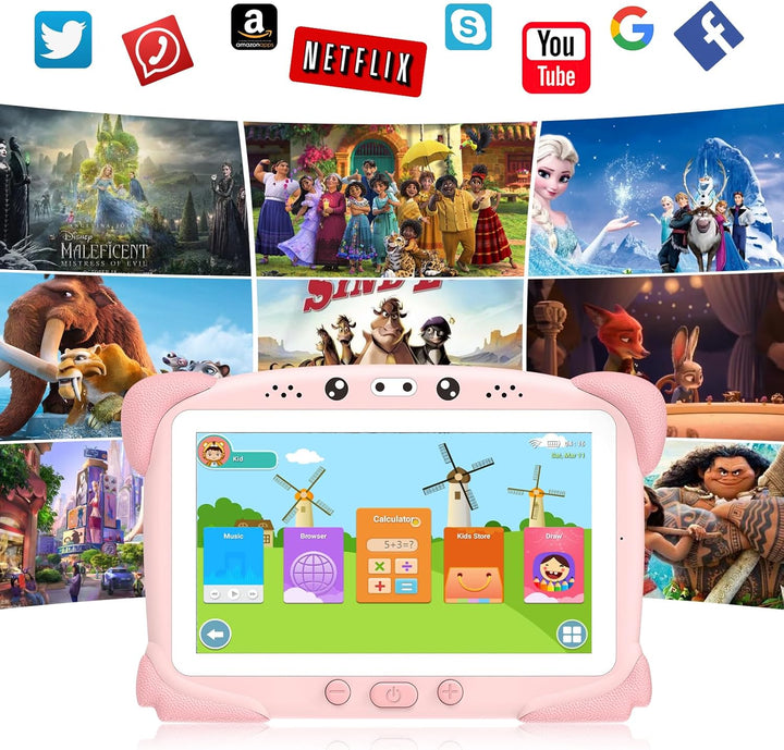 Kids Tablet 7IN 32GB Tablet for Kids Toddler with Shockproof Case, Bluetooth, Wifi, Google, Netflix, Youtube, Parental Control, Education App Pre-Installed (Pink)