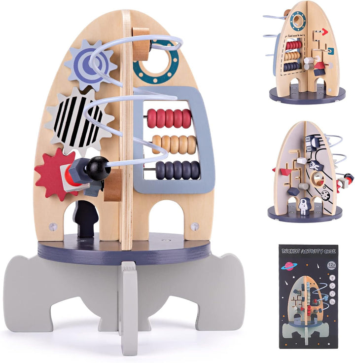 Space Wooden Activity Cube Toys for Baby, Montessoritoys for 1 Year Old Boy & Girl Birthday Gifts, Sensory and Educational 1St Birthday Gifts, Busy Board Toys for Baby Boy 6-18 Months (Rocket)