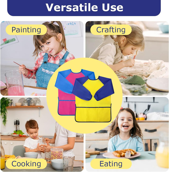 Kids Painting Apron 2 Pack, Waterproof Toddler Art Smock, Artist Smock for Kids Age 2-8 with Long Sleeve and 3 Pockets