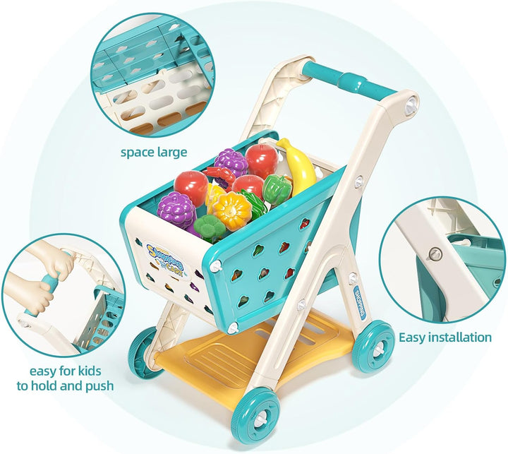 102Pcs Kids Shopping Cart Trolley Play Set with Pretend Food and Accessories,Perfect for Ages 3+ Pretend Play and Role-Playing Games