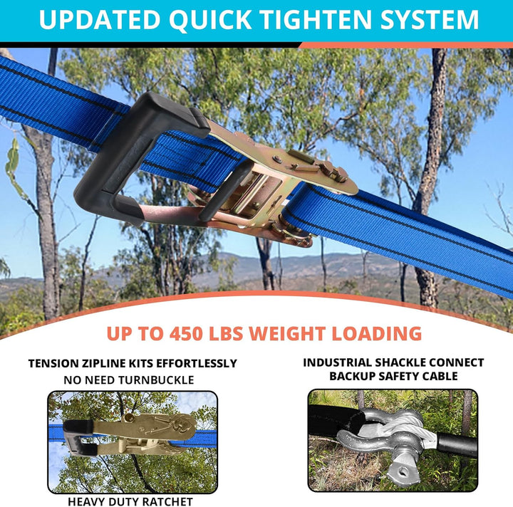 Zip Line Kit for Kids Adults : up to 450Lbs 200FT Quick Setup Zipline for Backyard Outdoor with 100% Rust Proof Removable Trolley Swing Seat Safety Harness Spring Brake