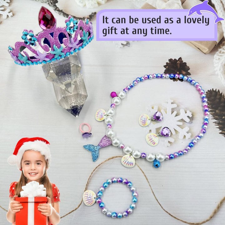 6Pcs Girls Princess Necklace Bracelets Ear Clips Set Mermaid Crown Pendant Colorful Plastic Princess Party Dress up Pretend Play Christmas Gift