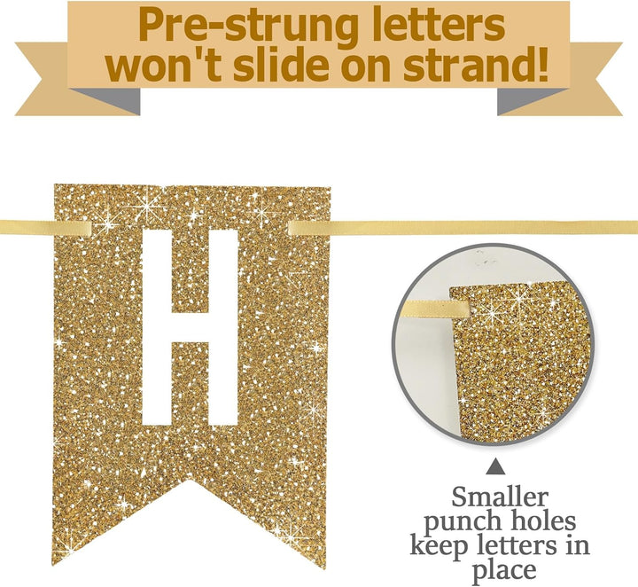 Pre-Strung Gold Happy Birthday Banner Decorations,12 Ft No DIY Gold Glitter Birthday Party Banner Sign Decor for Women Men Girl Boy Party Supplies