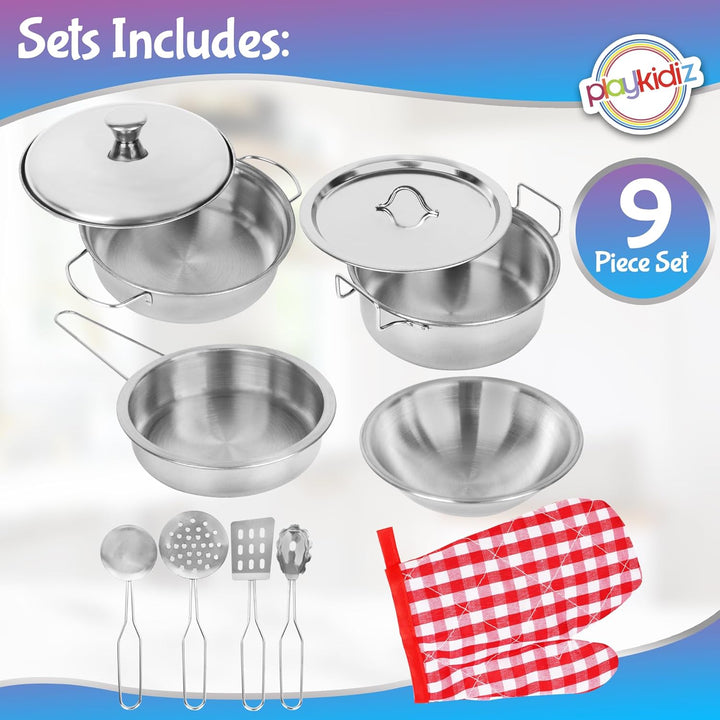 Stainless Steel Pots and Pans - Toy Cookware 9 Piece Playset for Kids Pretend Play House - Great Birthday Gift for Girls