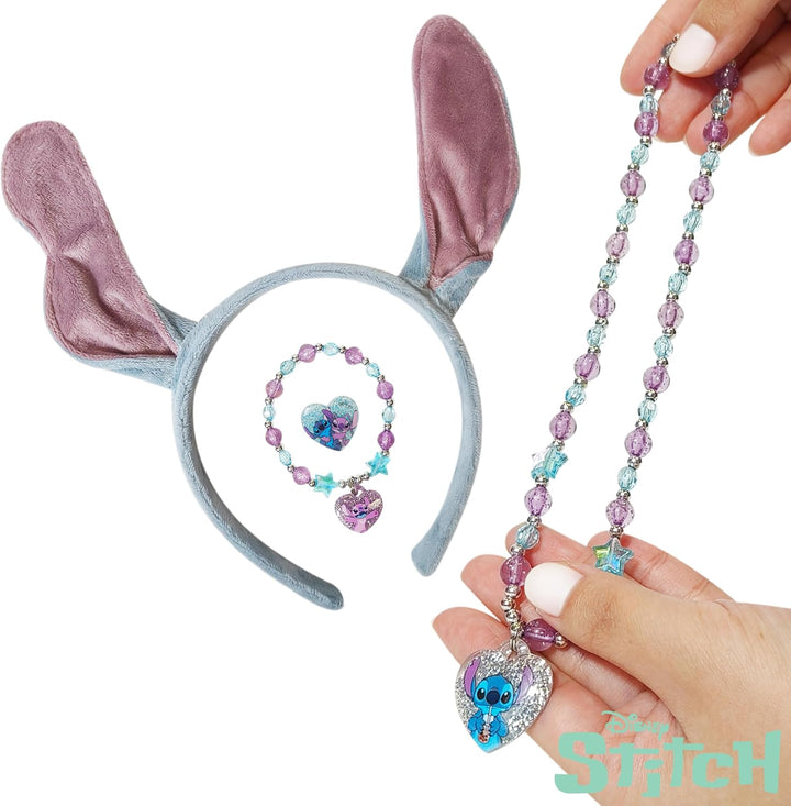 Disney Licensed Stitch Headband with Ears for Girls - Kids Jewelry Dress up Set All in One Giftable Box - Play Jewelry Set - 4Pc (Toddler Headband, Necklace, Dress up Bracelet, Ring) Ages 3+