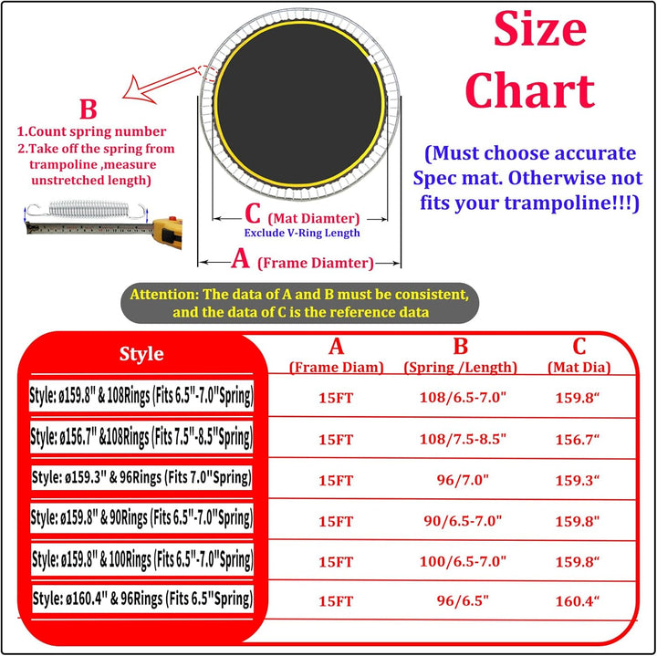 Trampoline Replacement Mat,Fits 15Ft round Frame with 90/96/100/108 Rings,Fits 5.3-8.5" Springs,Longer Lasting with 10 Rows of Stitches,W/Pull Hook and Gloves,（13Ft-13.4Ft Trampoline Mat