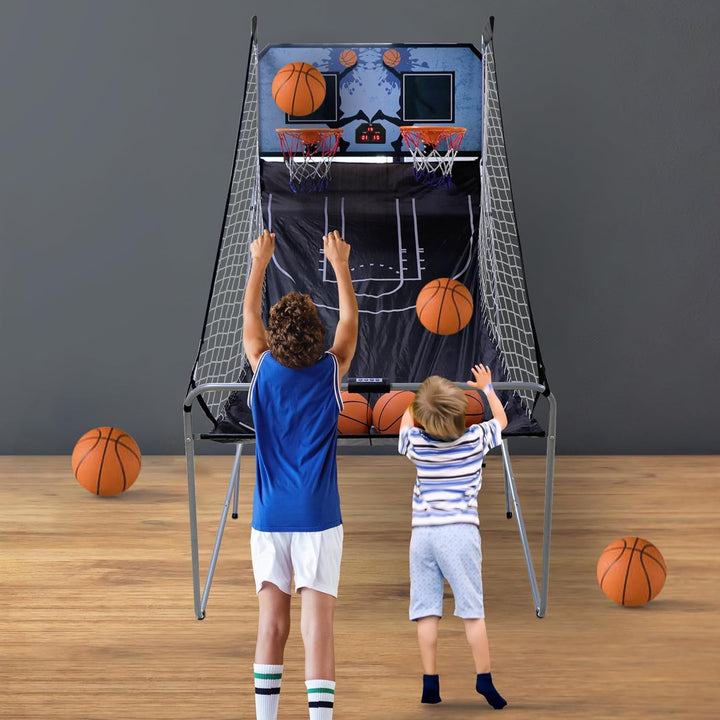 Foldable Indoor Basketball Arcade Game, Electronic Dual Shot Basketball Hoop Arcade Game Machine with 4 Balls and LED Scoring for 2 Players Home Play, Kids, Adults