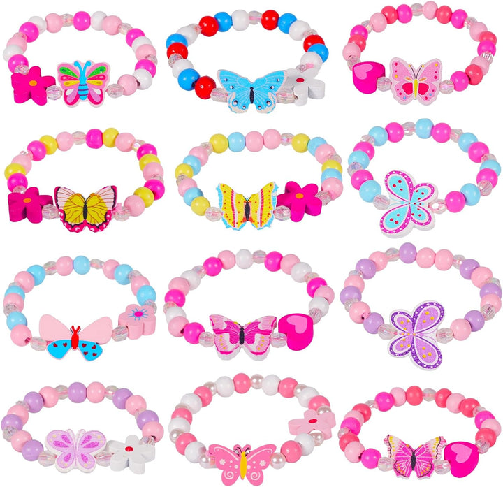 12 Pcs Kids Bracelets for Toddlers Girls - Unicorn Party Favors Pinata Stuffers Birthday Goodies Bag Stuffers Fillers, Cute Wooden Beaded Bracelets Rainbow Heart Pendants Play Jewelry Gifts