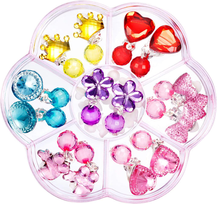 7 Pairs Girls Clip on Earrings Crystal Clip on Earrings Girls Princess Play Jewelry and 7 Pairs Pads with Box