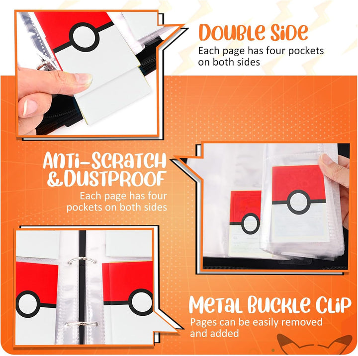 Card Binder 4 Pocket, Trading Card Holder Fits 400 Cards with 50 Removable Sleeves, Portable Collection Card Ablum, Game Card Case Book with Zipper for Gift, Red