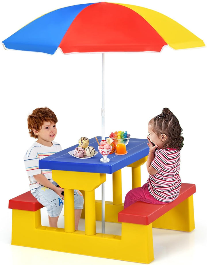 Kids Picnic Table, Outdoor Toddler Table and Bench Set with Removable Umbrella, Plastic Kids Activity Table Set for Backyard, Garden, Nursery, Gift for Boys Girls Age 3+, Red