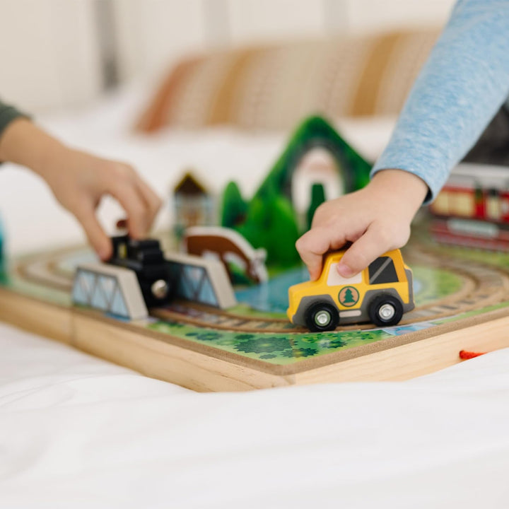 17-Piece Wooden Take-Along Tabletop Railroad, 3 Trains, Truck, Play Pieces, Bridge - FSC Certified