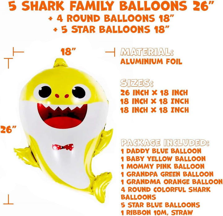 Shark Birthday Party Decorations for Boys and Girls, 26” Cartoon Helium Balloons XL for Baby Birthday Party with 9 Pcs 18” round and Star Ocean Theme Balloons, Shark Party Decorations (14 Pcs)