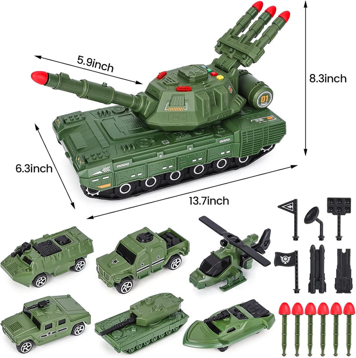 Tank Toys for 3 4 5 6 7 8 Year Old Boys - Army Toys Tank with 6PCS Alloy Die-Cast Army Vehicles, Kids Military Tank with Light, Sound & Missiles Shooting, Christmas Birthday Gift for Kids