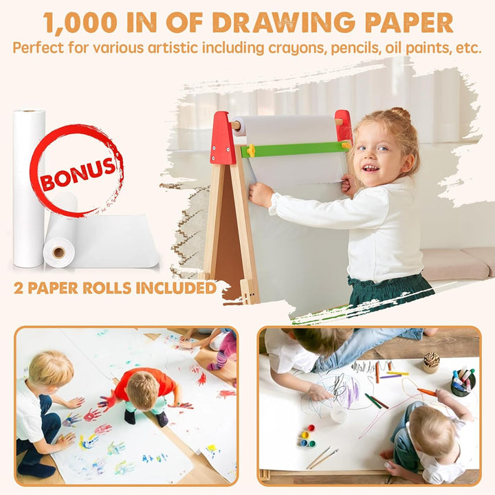 Easel for Kids with 2 Drawing Paper Roll, Learning-Toy for 3,4,5,6,7,8 Years Old Boy & Girls, Wooden Chalkboard & Magnetic Whiteboard & Painting Paper Stand, Gift & Art Supplies for Toddler