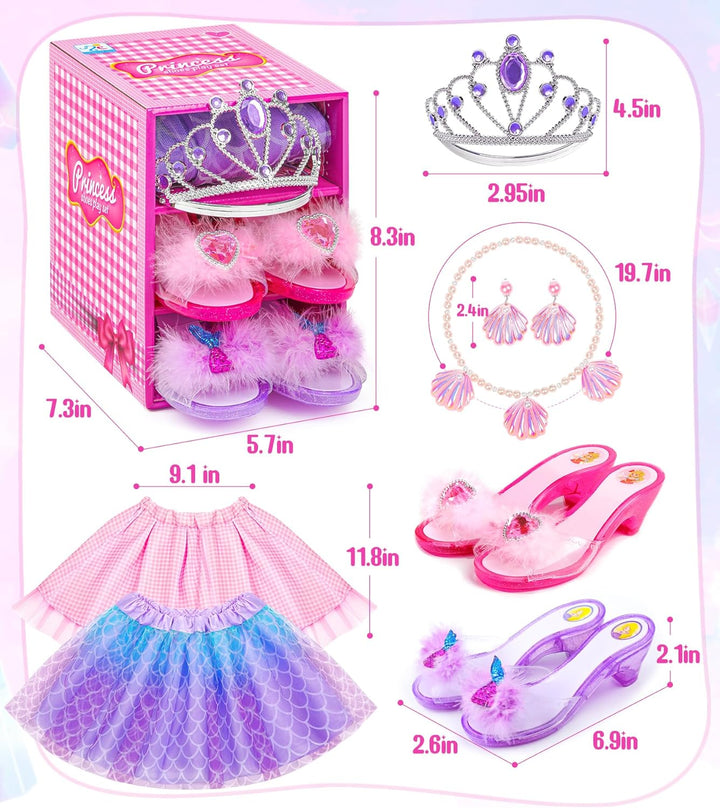 Princess Dress up Shoes Set, Girls Dress up Toys, Jewelry Boutique Necklace Earrings Crown, Princess Dresses Role Pretend Play Gifts Princess Toys for Girls Aged 3 4 5 6 Years Old