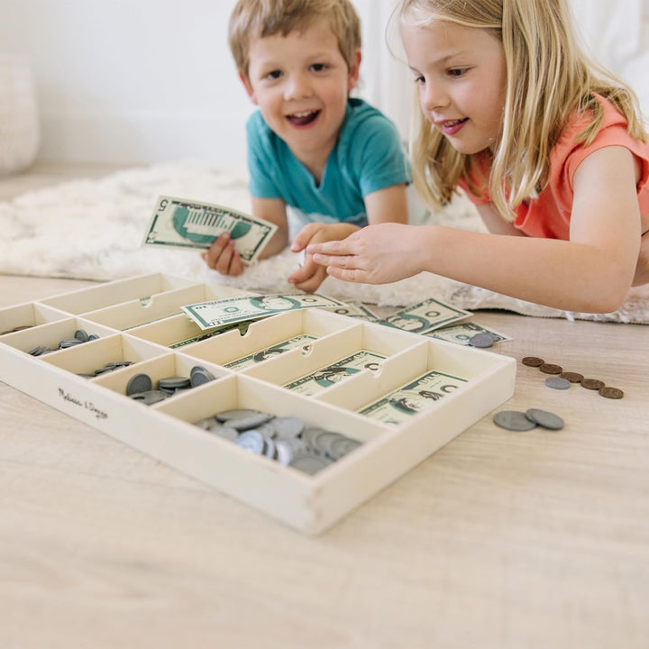 Play Money Set - Educational Toy with Paper Bills and Plastic Coins (50 of Each Denomination) and Wooden Cash Drawer for Storage