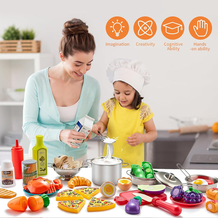 Pretend Play Accessories - 52Pc Kids Kitchen Playset with Play Food, Stainless Steel Cookware, Toys Pots and Pans, Toddler Kitchen Set with Cuttable Toy Food - Boys and Girls Gift