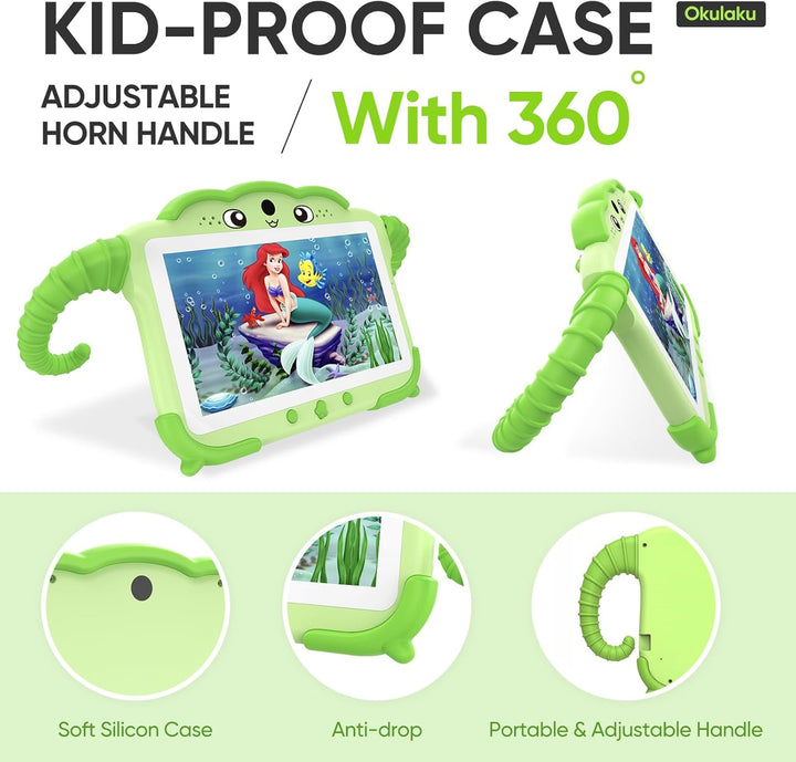Kids Tablet 7 Inch Toddler Tablet for Kids 2GB + 32GB Android System with Wifi Dual Camera Shockproof Case Child Learning PC with Parental Control, Preinstalled Educational Games, Green