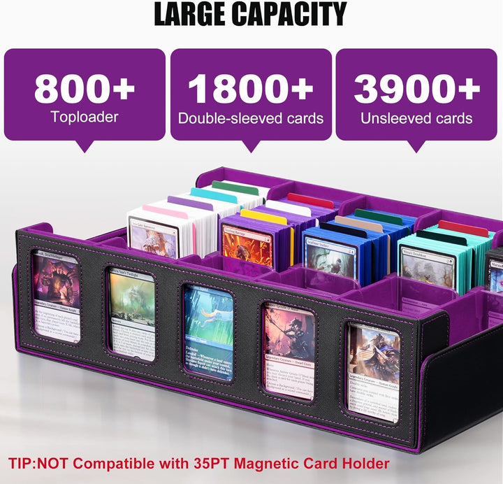 Trading Card Storage Box with Commander Display , 5-Row Deck Case with Removable Lid; 3900+ Card Deck Box for MTG TCG Sports Card, 5 Toploaders, 5 Stoppers, 48 Dividers,1 Dice Tray (Black Purple)