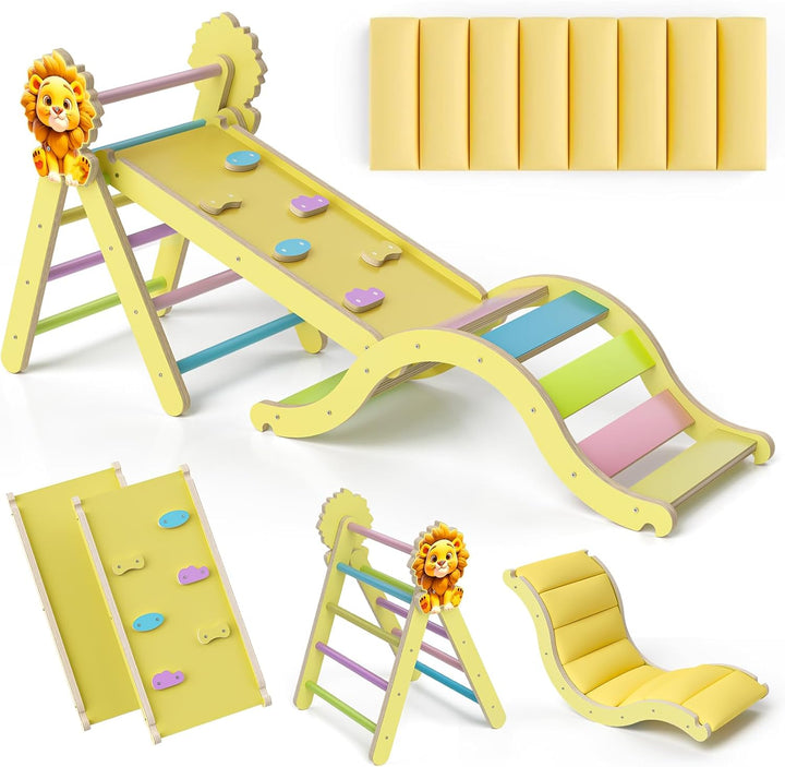 Pikler Triangle Set with Cushion, 9-In-1 Kids Climbing Toys for Toddlers 1-3 Inside, Montessori Toddler Climbing Toys Indoor, Large Wooden Pikler Triangle Climbing Set Baby Playground for Children