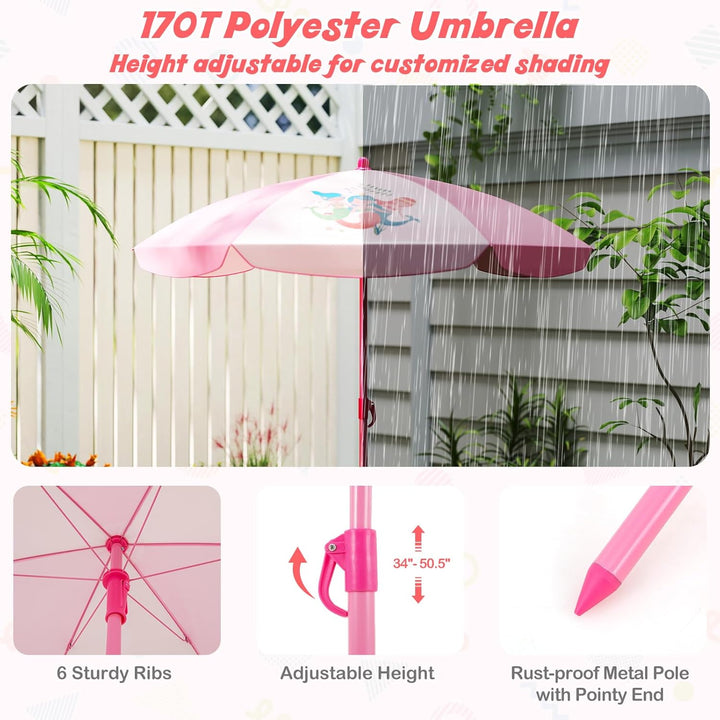Kids Picnic Table, Animal Themed Toddler Outdoor Table and Chair Set, 2 Folding Chairs & Removable Umbrella, Children Outdoor Furniture for Backyard Patio Garden (Pink Mermaid)