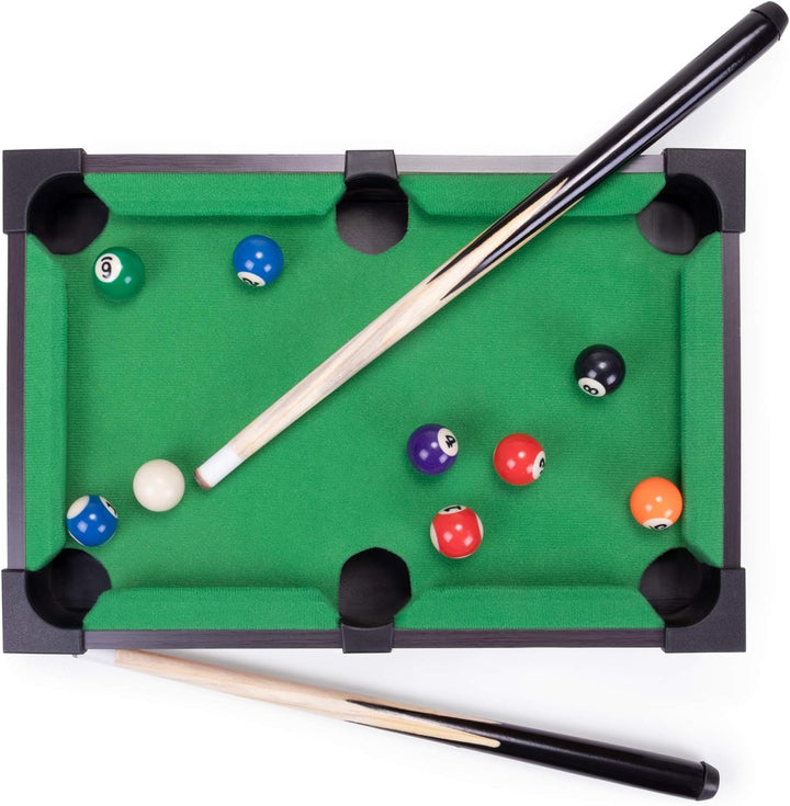 Tabletop Pool, Mini Pool Table & Billiard Set | Small Billiards Game with 16 Resin Balls, 2 Pool Cues, Triangle Rack, & Chalk | Travel-Friendly & Office Desk Games, Bartop, or Home Use & Easy Storage