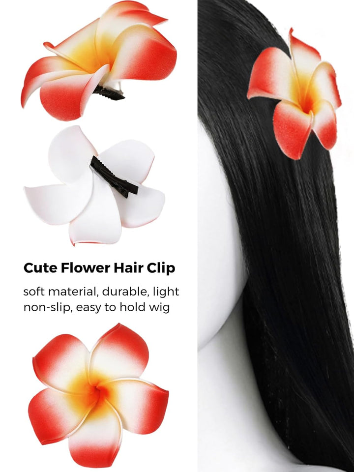 Long Straight Black Kids Wig with Flower Hair Clip, Wigs for Girls Toddler Cosplay 27.6'' Synthetic Hair + Wig Cap for Halloween Party Daily Costumes